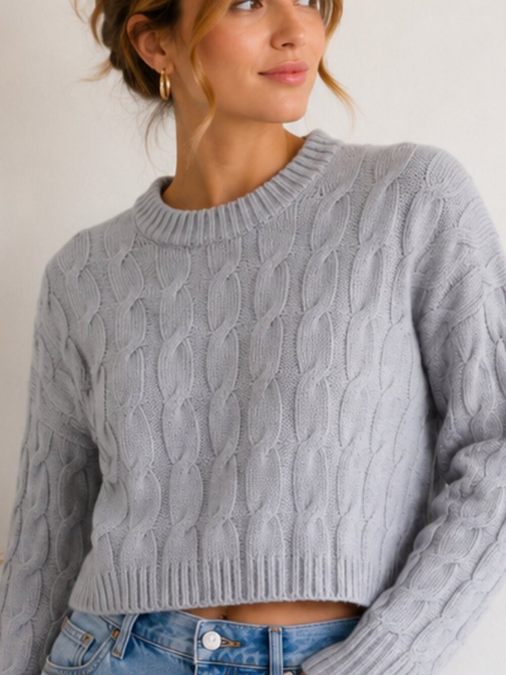 Babaton Aritzia Cable Knit Wool Sweater Women's XXS Gray Cropped Crewneck NWT